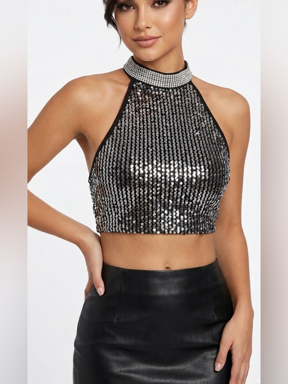 Haute Monde Black and Silver Sequin Halter Crop Top with Rhinestone Collar